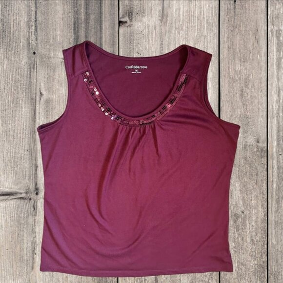 Croft & Barrow Burgundy Red Maroon Sequin Pleated Neckline Sleeveless Tank Top M - Picture 2 of 8